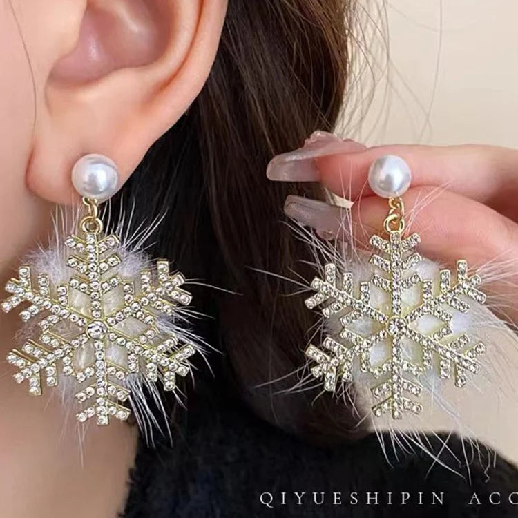 أقراط ندفة الثلج لعيد الميلاد أقراط نسائية قطيفة كاملة - Christmas Snowflake Earrings Women's Full Plush Earrings